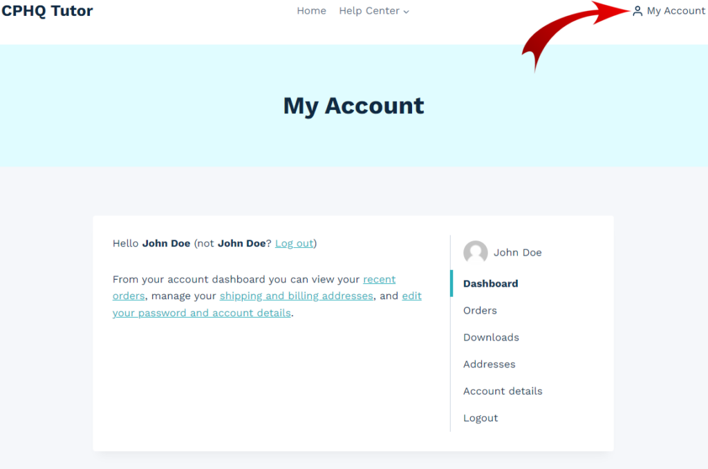 CPHQ Tutor 'My Account' dashboard